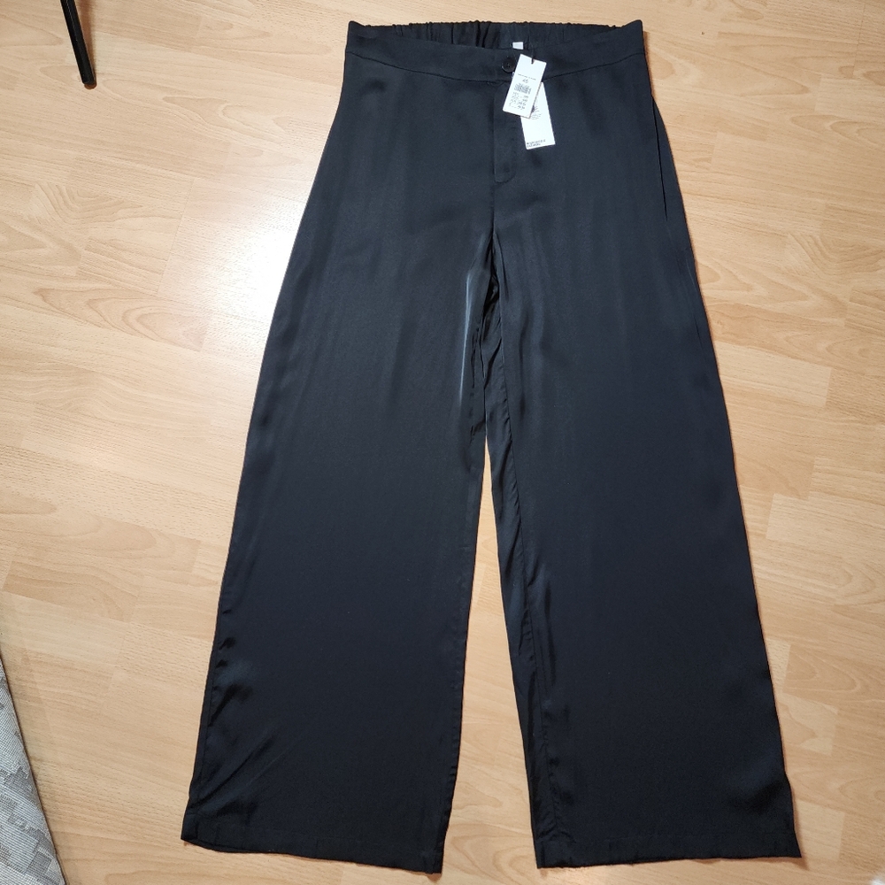 NWT Kappahl Black Wide Leg Pants Silky Satin Viscose Lightweight Size 46 Large